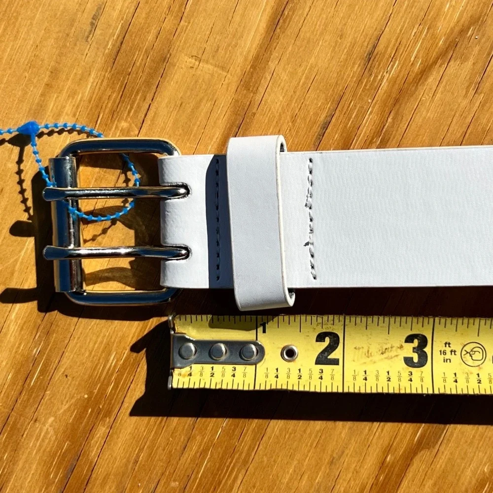 White Genuine Leather Double Grommet Belt Silver Double Prong Buckle Large 40-44